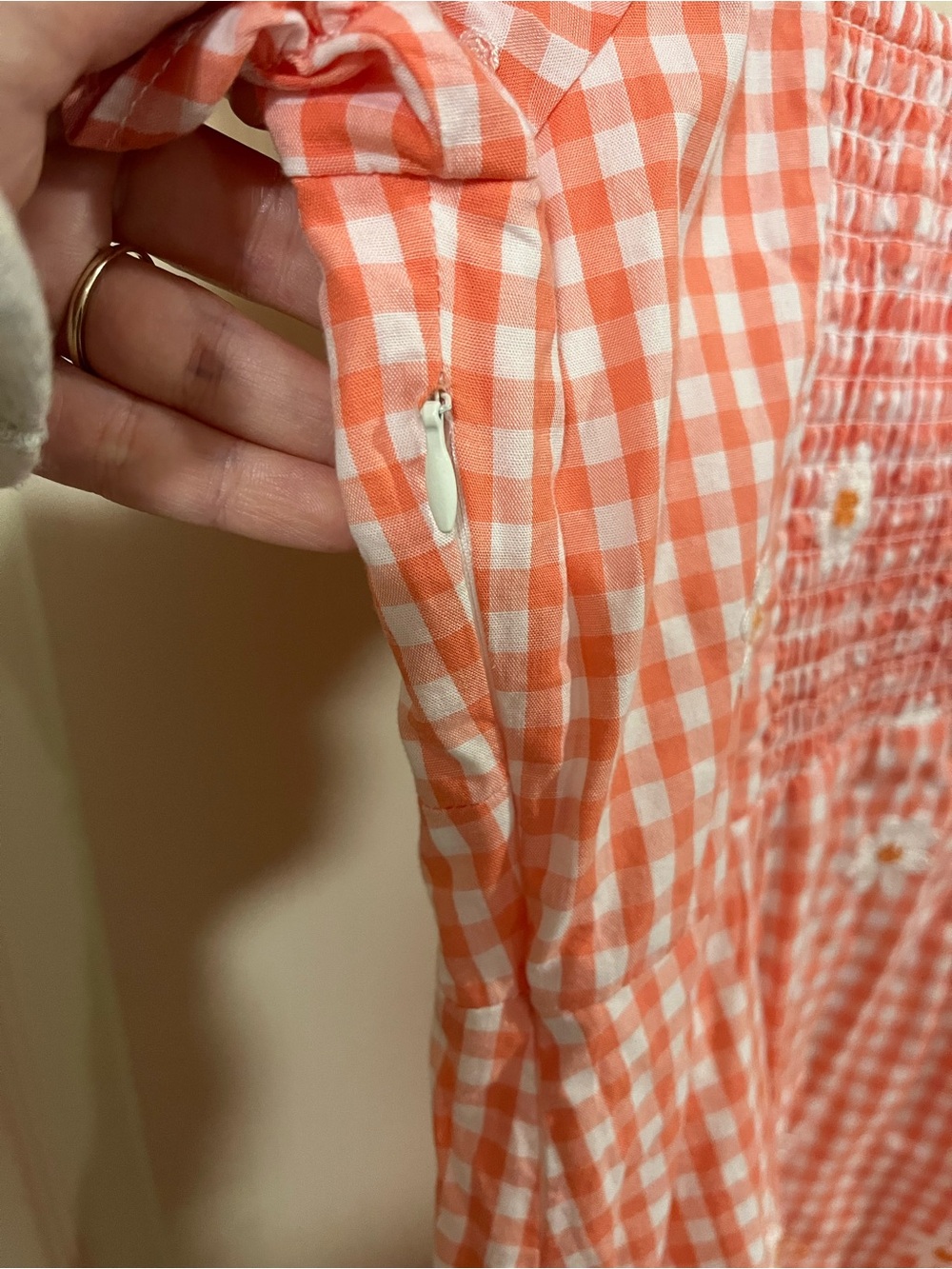 Altar'd State Coral Gingham Puff-Sleeve Mini Dress with Daisy Appliqués - Picture 9 of 9